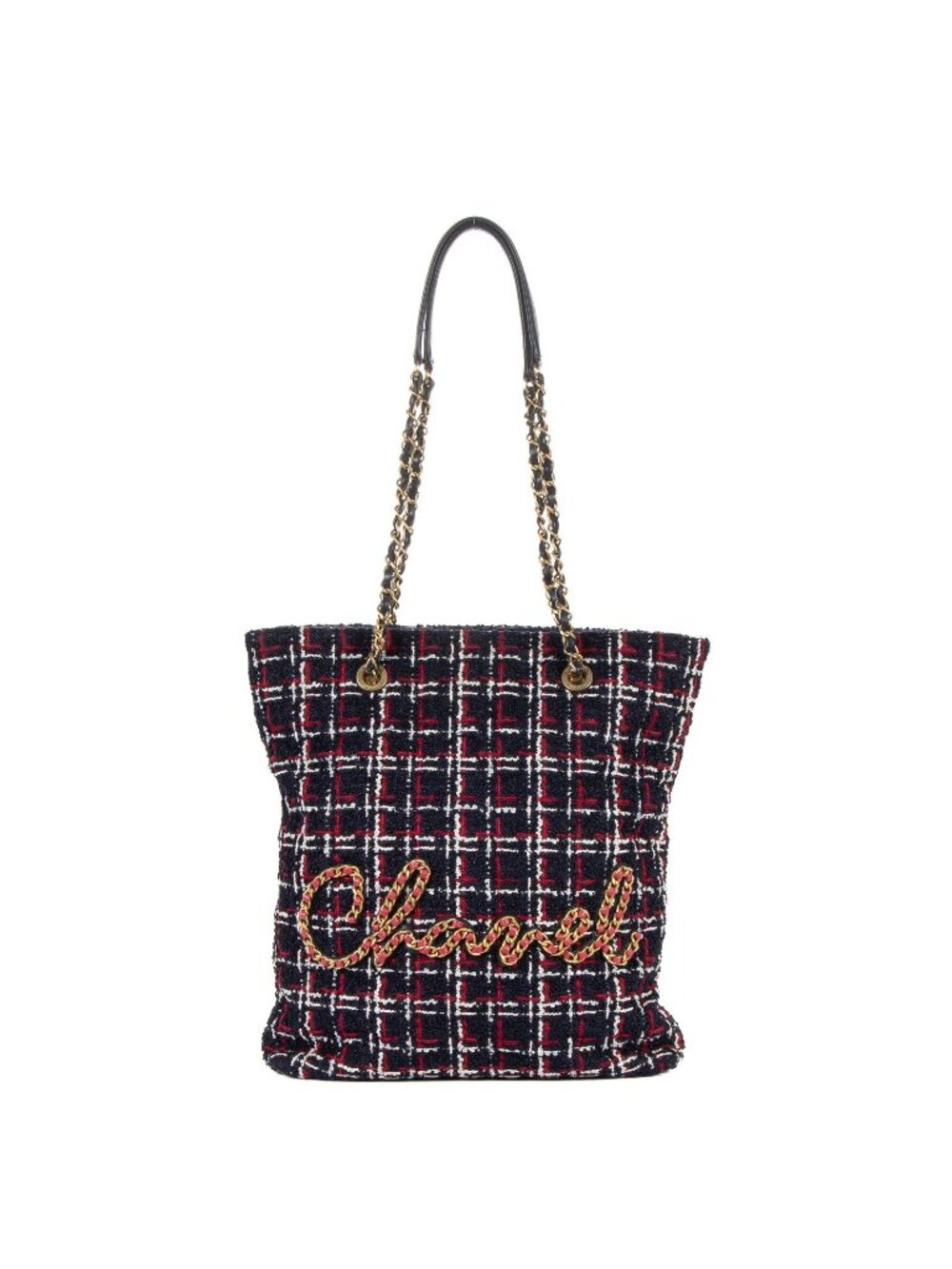 Chanel Hobo Navy Red White Plaid Tweed Canvas
